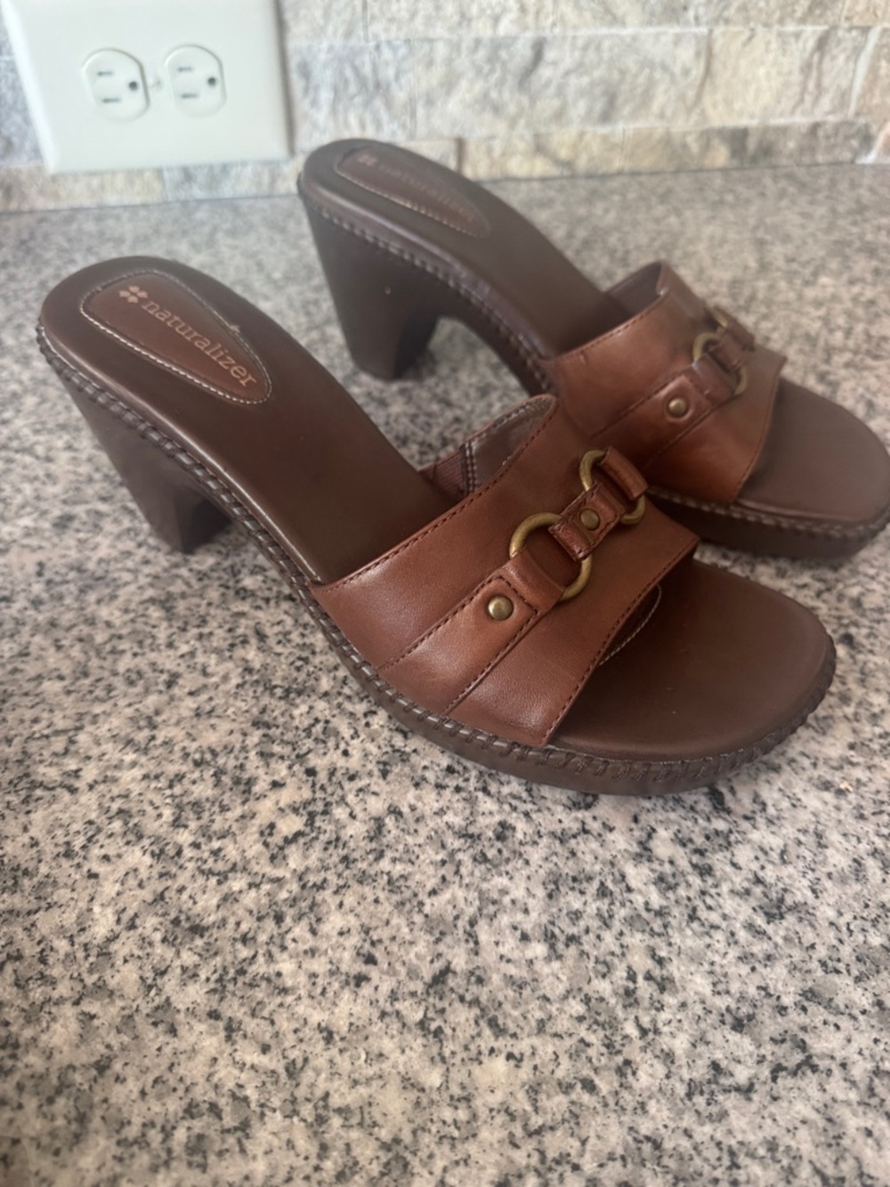 Naturalizer Brown Leather Block Heel Mules with Brass Buckle - Size 7.5 - NWT